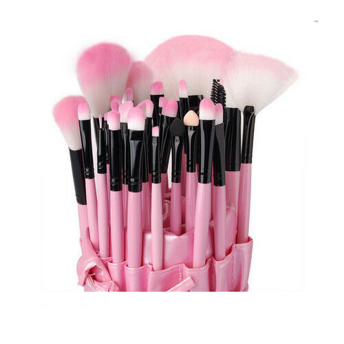 Cosmetic Brush Set Kit -32 pcs Roll Up Case & Brush Cleaning Tool-Pink-Gift Idea