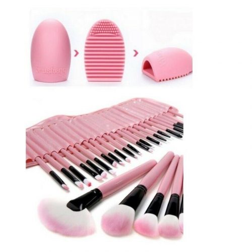 Cosmetic Brush Set Kit -32 pcs Roll Up Case & Brush Cleaning Tool-Pink-Gift Idea